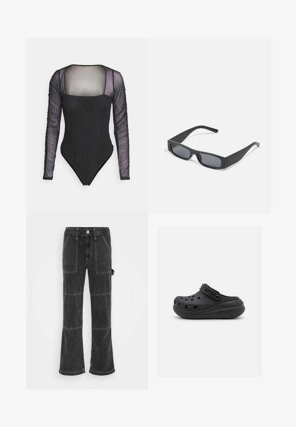 Hollister Co. SLEEVES SEAMED - Langarmshirt - casual black; BDG Urban Outfitters UTILITY SKATE - Jeans Relaxed Fit - washed black; Schwarzer Gummischuh mit Belüftungsöffnungen, erhöhtem Absatz und verstellbarem Riemen. Glatte Textur und abgerundete Form.; Schwarze rechteckige Sonnenbrillen mit dunklen Gläsern und dicken matten Rahmen. Die Bügel sind leicht verjüngt und haben eine glatte Oberfläche.