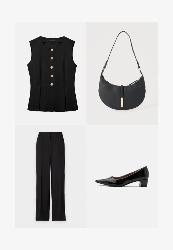 Blusa negra sin mangas con escote redondo, botones dorados en la parte frontal y detalles ligeramente acampanados en la cintura, de la marca Anna Field.; Pantalones negros con un diseño de pierna recta, con dos pliegues en la parte frontal, una cinturilla y sin bolsillos visibles ni adornos.; Zapato de salón bajo de piel de charol negra con punta afilada y tacón de bloque curvado, mostrado de perfil sobre un fondo claro y liso.; Bolso negro en forma de media luna con una sola correa, cremallera dorada y una lengüeta decorativa rectangular dorada en la parte delantera.