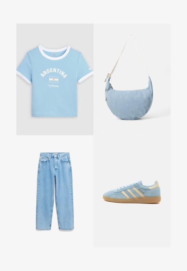 Camiseta azul claro de manga corta con cuello y puños blancos, con el texto "ARGENTINA" y la bandera de Argentina impresa en el frente.; Vaqueros de mezclilla azul claro con un corte holgado, cintura alta, diseño de cinco bolsillos y un ligero deslavado a lo largo de las costuras de las piernas.; Zapatilla Adidas de ante azul claro con rayas beige y lengüeta en el talón, suela de goma y la marca "SPEZIAL" en el lateral.; Bolso de hombro de mezclilla azul claro en forma de media luna con correa blanca ajustable y cierre de cremallera.
