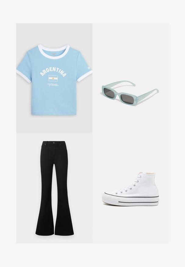 Hellblaues Kurzarm-T-Shirt mit weißem Kragen und Bündchen, mit dem Schriftzug "ARGENTINA" und der aufgedruckten Flagge Argentiniens auf der Vorderseite.; Schwarze High-Waist-Flare-Jeans mit Frontknopf und Taschen, auf weißem Hintergrund dargestellt.; Weiße High-Top-Sneaker aus einem Material aus Segeltuch, mit schwarzer Gummisohle und kontrastierendem schwarzen Streifen auf der Zwischensohle. Runde Zehenkappe und Schnürdesign.; Ein Paar rechteckige Sonnenbrillen mit lichtblauen, halbtransparenten Rahmen und dunkelgrauen Gläsern, ausgestattet mit geraden Bügeln und minimalen Hardware-Details.