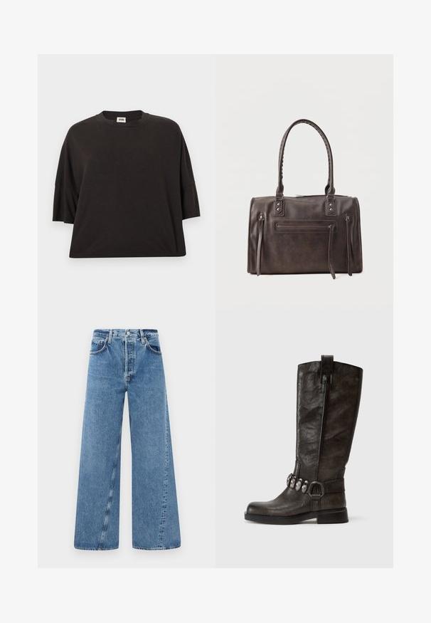 Zwart oversized T-shirt van katoen, voorzien van een ronde hals en korte mouwen, met een gladde textuur en een losse pasvorm.; Wijdvallende blauwe denim jeans met een hoge taille, knoopsluiting en kleine zakken aan de voorkant. De stof heeft een subtiele textuur en een vervaagde afwerking.; Tamaris Cowboy-/Bikerlaarzen - cigar; Donkerbruine leren handtas met dubbele handvatten, een voorvak met rits en twee verticale zijritsdetails op een witte achtergrond.