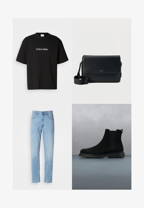 Schwarzes Baumwoll-T-Shirt mit kurzen Ärmeln, featuring einem weißen "Calvin Klein" Logo auf der Vorderseite und einem klassischen Rundhalsausschnitt.; Hellblaue Jeans mit geradem Schnitt, fünf Taschen und Gürtelschlaufen. Der Stoff hat eine glatte Textur mit einem leichten Verblassungseffekt.; Schwarze Knöchelstiefel aus glattem Material mit subtilen Nähten, einer Gummisohle und einem eleganten Design, platziert auf einer Oberfläche mit Holzstruktur.; Schwarze Leder-Umhängetasche mit strukturierter Oberfläche, verstellbarem Riemen und einer Vorderklappe mit dezentem Logo. Kompakte und rechteckige Form.