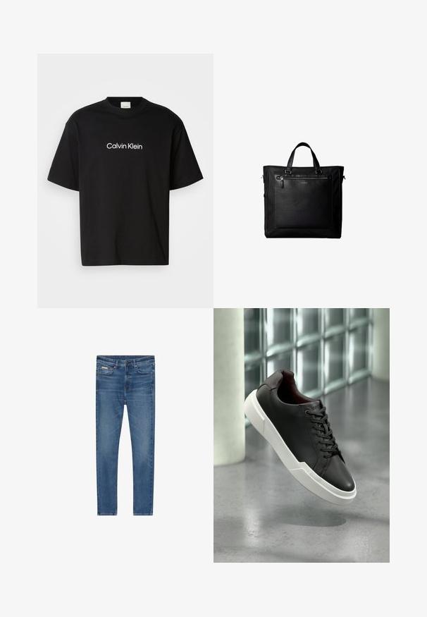 Must musta T-särk lühikeste varrukatega, mille ees on valge "Calvin Klein" logo ja klassikaline ümmargune kaelus.; Sinised kitsad teksapüksid, viie taskuga, nööpide sulgemisega ja õrnalt pleekinud reitel ning põlvedel.; Mustast nahast tennised valge paksu tallaga, mustade paeltega, hõljuvad helehalli betoonpõranda kohal klaasplokkseina lähedal.; Must kahe käepidemega kandekott, suur esiosa nahast tasku tõmblukuga ja diskreetne Calvin Kleini logo tasku keskel.