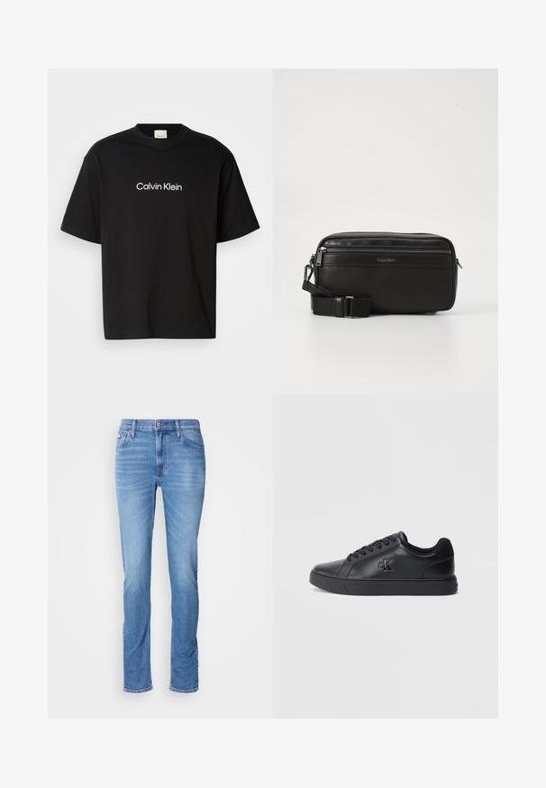 Camiseta de algodón negra con mangas cortas, que presenta un logotipo blanco de "Calvin Klein" en el frente y un clásico escote redondo.; Vaqueros de mezclilla azul para hombre con corte recto, bolsillos delanteros y traseros, y una pequeña etiqueta de Calvin Klein cerca del bolsillo delantero derecho.; Zapatillas negras de cuero con diseño de cordones, suela de goma y logo en relieve en el lateral, que presentan una textura suave y un estilo minimalista.; Bolso cruzado de cuero negro con un compartimento con cremallera, superficie texturizada, correa ajustable y marca Calvin Klein en la parte frontal.