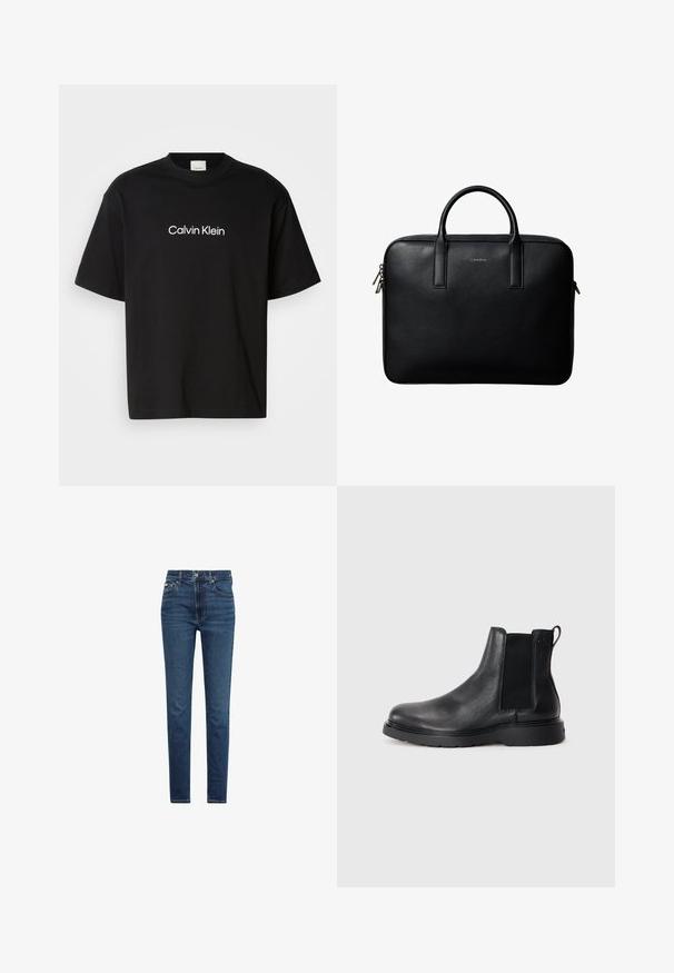 Čierne bavlnené tričko s krátkymi rukávmi, s bielym logom "Calvin Klein" na prednej strane a klasickým kruhovým výstrihom.; Tmavomodré slim fit denimové rifle s predným zapínaním na gombík a zips, päť vreciek a viditeľné prešívanie na bielom pozadí.; Čierne kožené chelsea čižmy s textúrovaným povrchom, elastickými bočnými panelmi a pevným gumovým podpätkom. Diskrétny branding na päte.; Čierna textúrovaná kožená aktovka s dvojitými rúčkami a striebornými zipsami, centrovaná na bielom pozadí.