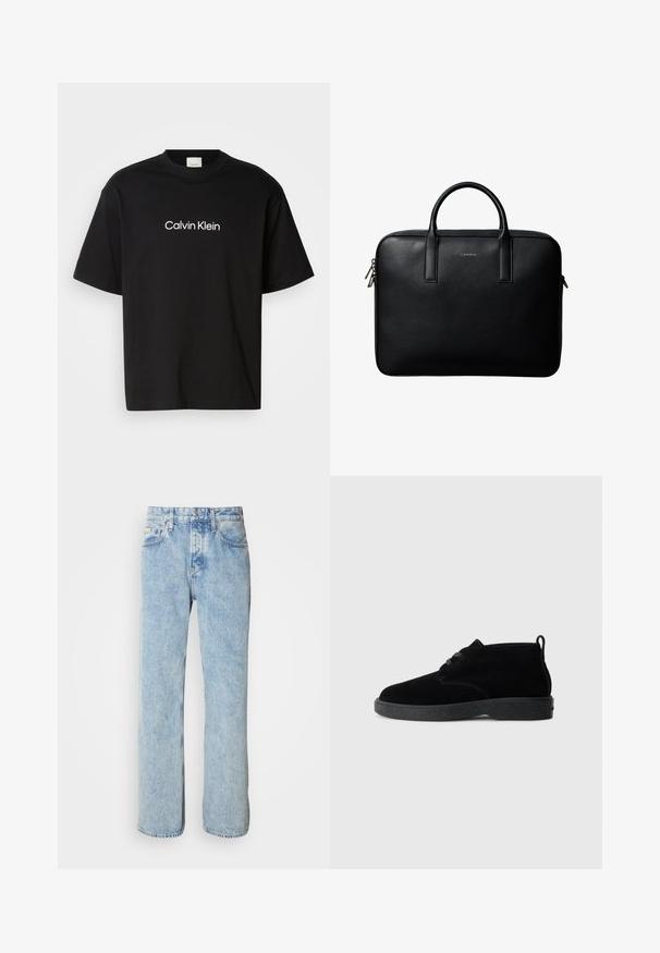 Čierne bavlnené tričko s krátkymi rukávmi, s bielym logom "Calvin Klein" na prednej strane a klasickým kruhovým výstrihom.; Svetlomodré riflové nohavice s rovným strihom, dizajnom s piatimi vreckami a viditeľným šitím. Klasický pás so zapínaním na gombík.; Čierne suede ankle boots s okrúhlou špičkou, šnurovacími detailmi, čiernou gumovou podrážkou a ťahacou slučkou na zadnej strane pre jednoduché obúvanie.; Čierna textúrovaná kožená aktovka s dvojitými rúčkami a striebornými zipsami, centrovaná na bielom pozadí.