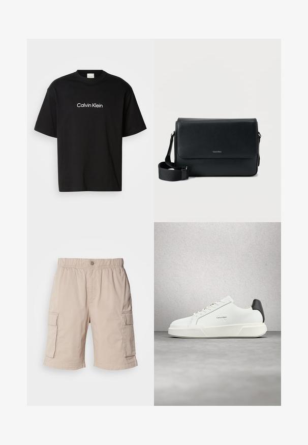 Čierne bavlnené tričko s krátkymi rukávmi, s bielym logom "Calvin Klein" na prednej strane a klasickým kruhovým výstrihom.; Béžové cargo šortky s elastickým pásom, zapínaním na gombík, dvoma bočnými vreckami a ďalšími vreckami na stehnách. Ľahká látka.; Biele tenisky s hladkým koženým zvrškom, plochými šnúrkami a vyvýšenou bielou podrážkou. Sú doplnené čiernym akcentom na päte a vyrazeným logom.; Čierna kožená messenger taška s textúrovaným povrchom, nastaviteľným popruhom a predným klopou s jemným logom. Kompaktný a obdĺžnikový tvar.