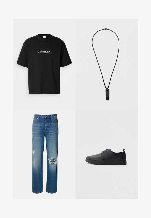 Must musta T-särk lühikeste varrukatega, mille ees on valge "Calvin Klein" logo ja klassikaline ümmargune kaelus.; Heledad sinine denimhari, kõrge vöökoht, sirge sääreosa ja katastroofilised rebenemised mõlemal põlvel. Omab klassikalist viie tasku disaini ja nööpkinnitust.; Mustaläik nahast spordijalatsid siledaga viimistlusega, ümarate varvastega, sama tooni õmblustega, nööbid ees, ja lamedate kummist tallaga. Kannas aas.; Must have mustarviga kandmise kaelakee, millel on tekstuuriga ristkülikukujuline ripats, sujuva viimistlusega ja mustast nöörist kaelakett.