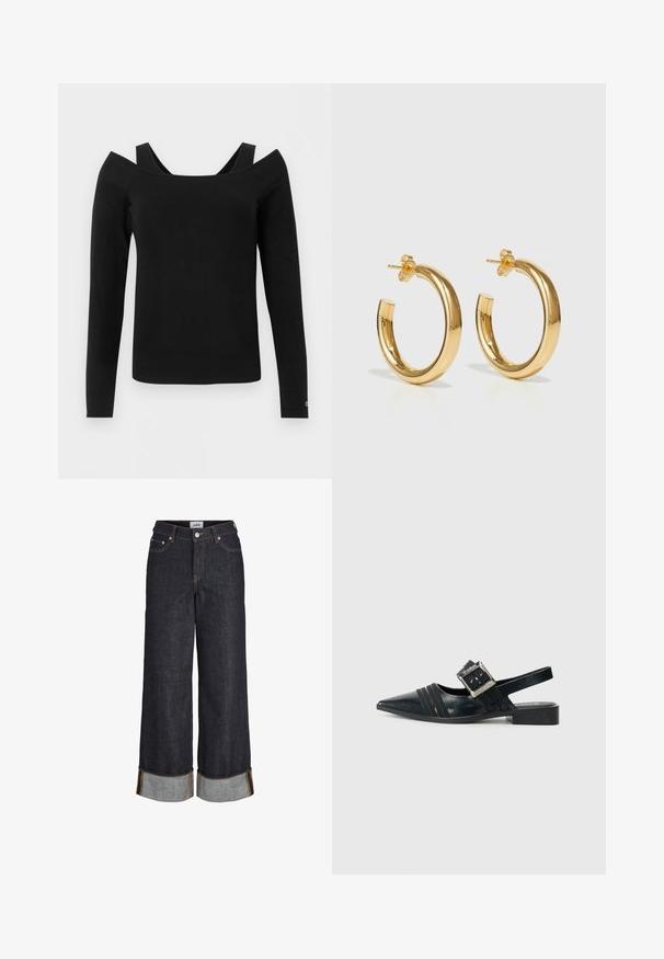 Top negro de manga larga con escote descubierto y tirantes negros visibles sobre los hombros, diseño sencillo, estilo ajustado.; Vaqueros azul oscuro de pierna ancha con dobladillos remangados, cinco bolsillos y costuras en contraste de color amarillo.; Melissa LADYLIKE - Bailarinas - black; Pendientes de aro de oro con una superficie lisa y pulida y forma circular. Asegurados con un cierre de tuerca para un uso fácil.