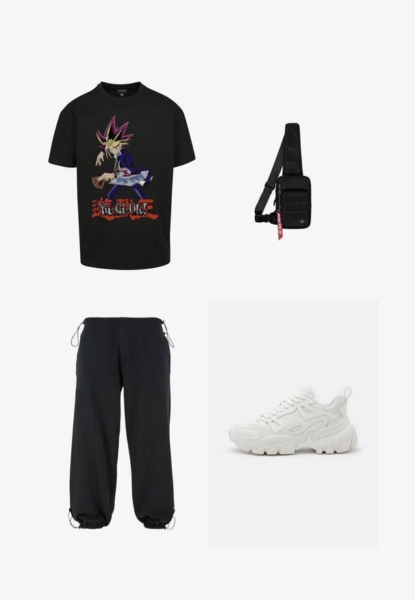 Camiseta negra con personaje de Yu-Gi-Oh! con cabello puntiagudo sosteniendo cartas y disco de duelo, con el logo "Yu-Gi-Oh!" abajo en rojo y blanco.; Pantalones de chándal negros, hechos de un tejido suave, con un corte holgado, puños elásticos y cordones en la cintura para un tamaño ajustable.; Zapatillas deportivas blancas con un upper texturizado, paneles de malla, suela de goma prominente y recortes decorativos en los laterales.; Bolso bandolera negro hecho de tela texturizada. Cuenta con un compartimento principal con cremallera, bolsillo delantero con cinta, correa ajustable y una etiqueta decorativa.