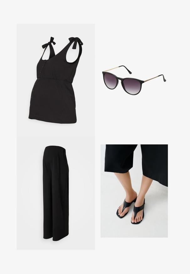 Even&Odd Maternity Top - black; Vero Moda Maternity Wide-leg Wide Leg Fit - Bukser - black; Fødder iført sorte, firkantede hælsandaler med brede remme, kombineret med afkortede sorte bukser på et lyst gulv.; Sorte solbriller med en gradient lilla linse. Katøjeformet med tynde metallik aksenter i guld på stængerne. Glat plastfinish.