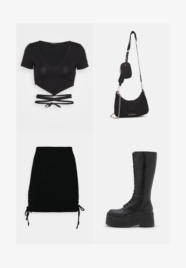 Even&Odd by Zalando T-shirts print - black; Even&Odd by Zalando Mini skirts - black; Zign by Zalando LEATHER - Snørestøvler - black; Sort nylon skuldertaske med en buet form, sølvfarvet kædeaccent, aftagelig mini-pung og justerbar rem; prydet med "Steve Madden" logo.