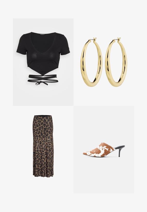 Even&Odd by Zalando Tričko s potlačou - black; Sukňa s leopardím vzorom v hnedej a čiernej farbe, s ležérnym dizajnom a jemným volánikovým lemom, vyrobená z ľahkej a mäkkej látky.; Mule s špicatou špičkou, hnedo-biely vrch s potlačou kravy a tenkým vysokým čiernym ihlovým podpätkom na svetlošedom pozadí.; Zlaté kruhové náušnice s hladkým, lešteným povrchom. Majú kruhový tvar a bezpečné zapínanie na vrchu. Povrch odráža svetlo.