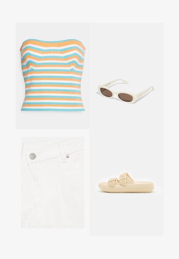 Gina Tricot KNITTED TUBE - Top - multi; Close-up af hvide denimjeans, der viser linningen, bæltestrop, metal knap, nitte og syninger på frontlommen.; Beige slip-on sandal med tekstureret overdel, justerbare spænder og en tyk, polstret sål. Letvægtsdesign velegnet til afslappet brug.; Cremefarvede solbriller med ovale linser, brunt tonede, med en blank finish og subtil "Vogue" branding på siden.