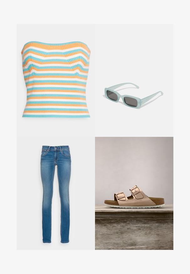 Gina Tricot KNITTED TUBE - Top - multi; Lysblå denimjeans med slim fit, fem lommer og kontrasterende orange syninger, med knap- og lynlåslukning.; Rosenfarvede slidesandaler i metal med to justerbare metalspænder, korkfodbed og hvid gummisål. Glat metalfinish, åben tå-design.; Et par rektangulære solbriller med lyseblå gennemsigtige stel og mørkegrå linser, der har lige templer og minimale hardware detaljer.
