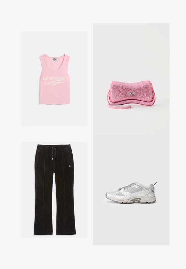 Rosa geripptes Tanktop mit weitem Ausschnitt, das auf der Vorderseite weißen Text mit der Aufschrift "Califreakinfornia Juicy" zeigt.; Schwarze Samt-Sweatpants mit weicher Textur, ausgestattet mit einem elastischen Taillenbund mit Zugband und zwei Seitentaschen. Dezentes Logo-Detail vorhanden.; Laufschuhe aus weißem Mesh mit metallischen Akzenten, strukturierten Überzügen und einer dicken Sohle. Verfügt über ein vorderes Schnürsystem und eine Zuglasche hinten.; Kleine pinke glitzernde Clutch mit silbernem Verschluss und dünnem Handgelenksriemen auf weißem Hintergrund.
