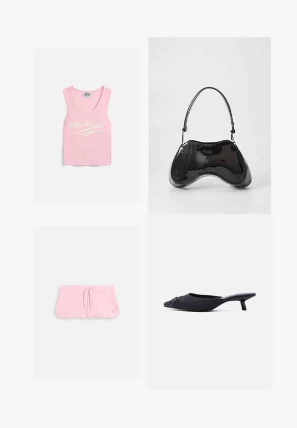 Rosa geripptes Tanktop mit weitem Ausschnitt, das auf der Vorderseite weißen Text mit der Aufschrift "Califreakinfornia Juicy" zeigt.; Rosa Shorts aus weichem Stoff, ausgestattet mit einem Kordelzug mit silbernen Tipps und einem kleinen gestickten Logo in der unteren rechten Ecke.; Schwarzer Mule-Schuh für Frauen mit spitz zulaufender Schuhspitze, Obermaterial aus Stoff, kleinem Kitten-Heel und einer dekorativen Schleife vorne, seitlich dargestellt.; Schwarze Handtasche aus lackiertem Leder mit einer einzigartigen, geschwungenen Form, kurzem verstellbarem Griff und einem Reißverschluss oben. Glatte Textur mit dezentem Branding.