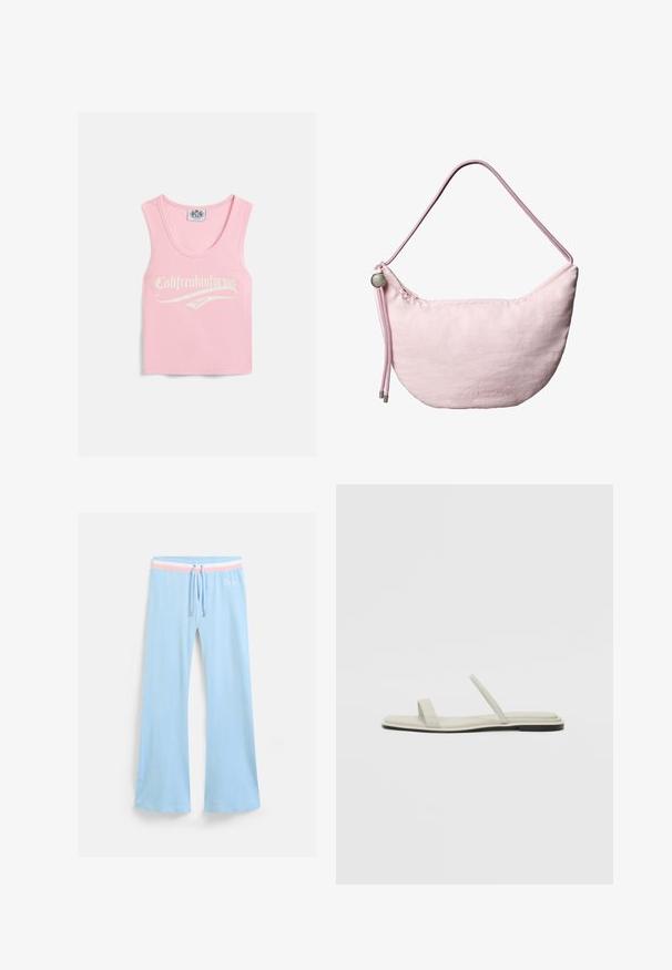 Lyserød ribbet tanktop med en rund udskæring, der har hvid tekst, hvor der står "Califreakinfornia Juicy" på forsiden.; Lyseblå, flagrende sweatpants med snor i taljen. Har en pink og hvid stribet accent samt broderet logo. Blød stoftekstur.; Flade sandaler med et minimalistisk design i lys grå. Har to slanke remme og en flad sål med en lav sort detalje ved hælen.; Blød lyserød skuldertaske i halvmåneform med justerbar snorrem, metalstopper og diskret præget "cK" logo midt foran.