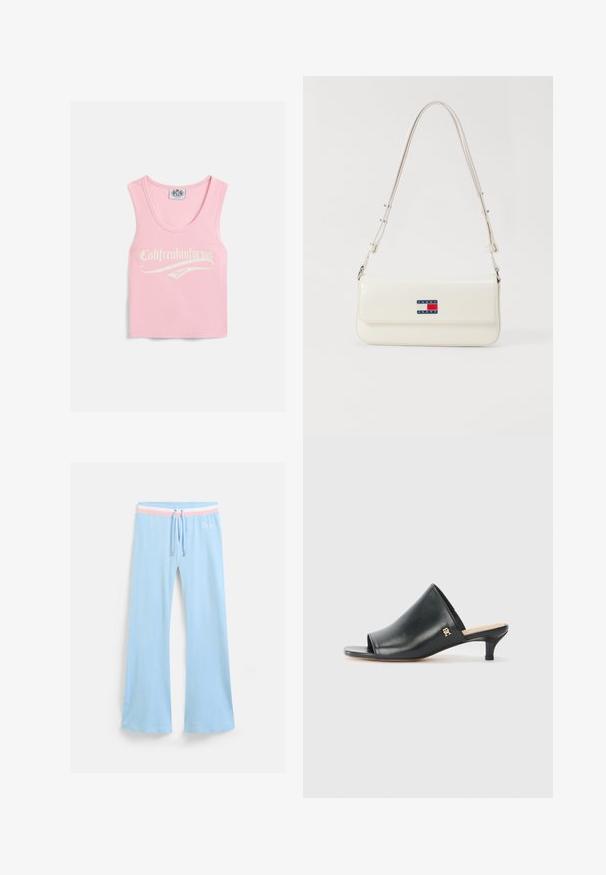 Lyserød ribbet tanktop med en rund udskæring, der har hvid tekst, hvor der står "Califreakinfornia Juicy" på forsiden.; Lyseblå, flagrende sweatpants med snor i taljen. Har en pink og hvid stribet accent samt broderet logo. Blød stoftekstur.; Sorte læder open-toe mules med en lav hæl. Har en glat overflade og et guld logo-prim på siden.; Hvid faux læder skuldertaske med en lang rem, der har en magnetisk flap og et logo patch i blå, rød og hvid på fronten.