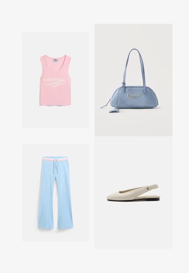 Rosa geripptes Tanktop mit weitem Ausschnitt, das auf der Vorderseite weißen Text mit der Aufschrift "Califreakinfornia Juicy" zeigt.; Hellblaue, ausgestellte Jogginghosen mit einem Kordelzugbund. Mit einem rosa und weißen gestreiften Akzent sowie einem gestickten Logo. Weicher Stoff.; cremefarbiger Lederslingback-Flachschuh mit rundem Zehenbereich und kleinem goldfarbenem Emblem am Riemen.; Hellblaue Tommy Jeans Handtasche mit langen Trägern, abgerundeter rechteckiger Form und sichtbarem Reißverschluss mit Zuglasche.