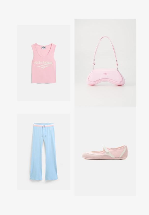 Roze geribbelde tanktop met een ronde halslijn, voorzien van witte tekst met de opdruk "Califreakinfornia Juicy" aan de voorkant.; Lichtblauwe uitlopende sweatpants met een trekkoord in de taille. Voorzien van een roze en witte gestreepteaccent en geborduurd logo. Zachte stoftextuur.; Lichtroze Mary Jane-schoen met een witte verstelbare band, zachte zool en een afgeronde neus op een effen witte achtergrond.; Diesel Handtas - quartz pink