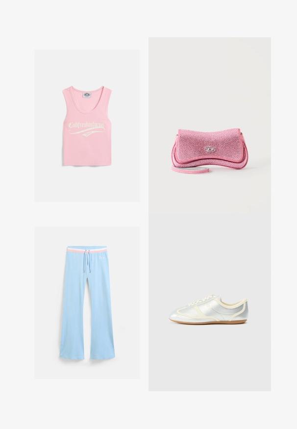 Roze geribbelde tanktop met een ronde halslijn, voorzien van witte tekst met de opdruk "Califreakinfornia Juicy" aan de voorkant.; Lichtblauwe uitlopende sweatpants met een trekkoord in de taille. Voorzien van een roze en witte gestreepteaccent en geborduurd logo. Zachte stoftextuur.; Zilverkleurige synthetische sneakers met crème accenten, laag profiel, afgeronde neus en platte rubberen zool; voorzien van klassieke stiksels en vetersluiting.; Kleine roze glinsterende clutch met een zilveren gesp en een dun polsbandje op een witte achtergrond.