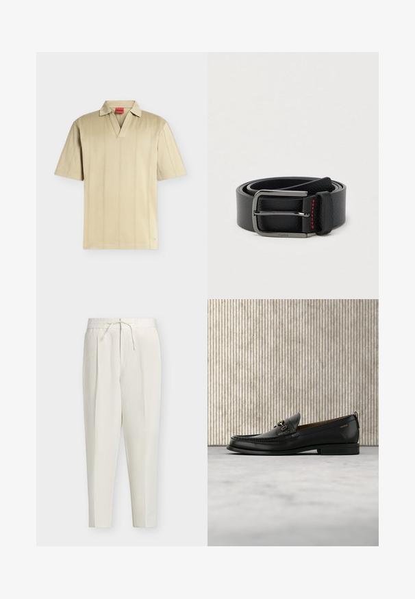 Polo beige à manches courtes, col en V, col souple, coutures verticales subtiles et une étiquette intérieure rouge marquée "HUGO".; Pantalon écru fuselé avec taille élastique, plis devant et cordon réglable à la taille.; Mocassin en cuir noir avec mors en métal doré et logo "HUGO", présenté sur un tapis beige et un meuble translucide marron.; Ceinture en cuir noir avec une boucle argentée et des coutures rouges, enroulée sur un fond clair uni.
