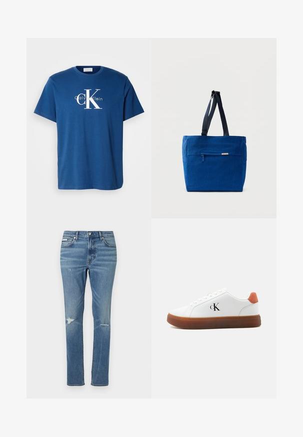 Sinine puuvillane T-särk, millel on ümmargune kaelus, lühikesed varrukad ja valge "CK" logo, mille all on kontrastne helesinine tekst "Calvin Klein".; Heledadhed denim teksad, sirge lõikega, millel on kulumise detailid põlvedel ja klassikaline viie taskuga stiil.; Valge madala säärega toss pruunide tallaga, oranži kontsaloa, paelte ja külje peal oleva "cK" logoga.; Sinine lõuendist õlakott esiktasku, topeltrihmade ja ristkülikukujulise kujundusega. Omab diskreetset brändi sildi detaili.