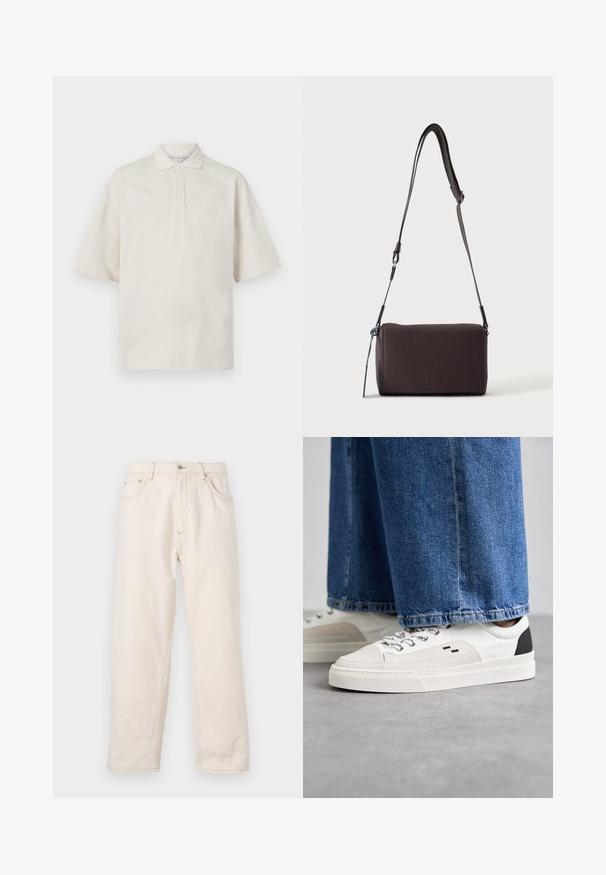 Beige polo skjorte med korte ærmer, krave, tre frontknapper og en blød tekstur. Har en afslappet, boxy pasform.; Beige lige jeans i denim med knaplukning, fem lommer og synlige syninger. Glat tekstur.; Hvide og sorte sneakers med en glat læderoverdel, teksturerede detaljer og en kraftig hvid sål. Har et klassisk snørebåndsdesign.; Mørkebrun textured læder crossbody taske med justerbar rem og lille dekorativ blå accent på siden.