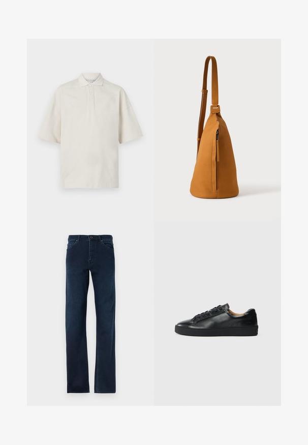 Camisa polo beige de manga corta, con cuello, tres botones frontales y una textura suave. Presenta un ajuste relajado y holgado.; Jeans de mezclilla azul oscuro con piernas rectas, cinco bolsillos, cierre de botón y costuras en contraste a lo largo de las costuras.; Zapatilla negra de cuero con una textura suave, puntera redonda y cierre de cordones. Presenta una suela de goma gruesa y un detalle de marca mínimo.; Bolso bandolera de piel color canela con correa ajustable y bolsillo vertical con cremallera, mostrado de lado sobre un fondo claro y liso.