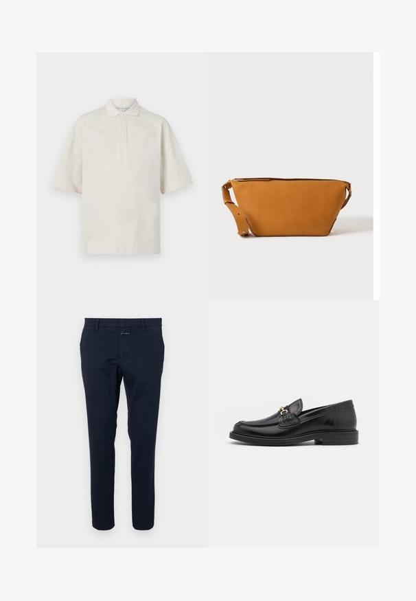 Beige Poloshirt mit kurzen Ärmeln, Kragen, drei vorderen Knöpfen und einer weichen Textur. Hat eine lockere, boxy Passform.; Navyblaue Baumwollchinos mit slim Fit, flachem Vorderteil und Reißverschluss. Verfügt über seitliche Taschen und eine Gesäßtasche mit einem kleinen Markentag.; Schwarze Lederleter mit einer abgerundeten Zehenpartie, ausgestattet mit goldenen Hardwareakzenten und Stichdetails, auf einer niedrigen, strukturierten Gummisohle.; Hellbraune Leder-Umhängetasche mit verstellbarem Schulterriemen und Reißverschluss, vor einem schlichten hellen Hintergrund gezeigt.