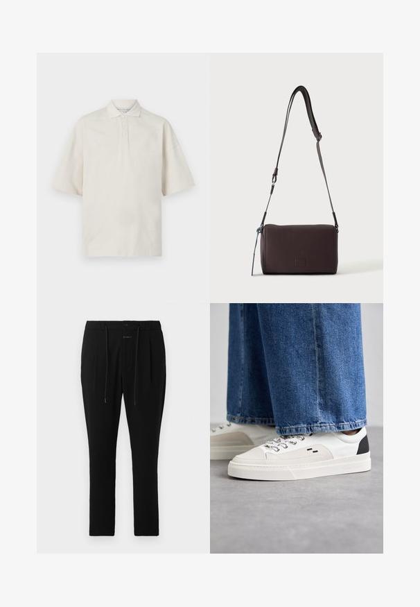 Camisa polo beige de manga corta, con cuello, tres botones frontales y una textura suave. Presenta un ajuste relajado y holgado.; CLOSED VIGO TAPERED - Pantalones chinos - dark night; Zapatillas blancas y negras con una parte superior de cuero suave, acentos texturizados y una suela blanca gruesa. Presenta un diseño clásico de cordones.; Bolso bandolera de cuero marrón oscuro con textura, correa ajustable y pequeño adorno decorativo azul en el lateral.