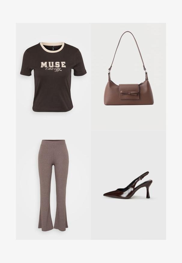 Bruine katoenen t-shirt met korte mouwen, een crèmekleurige ronde halslijn en "MUSE Energy" in beige tekst op de borst gedrukt.; Bruine geribbelde flared broeken met een hoge, rekbare tailleband en een zachte textuur, met een subtiel verticaal patroon in het geheel.; Bruine gepatineerde leren slingback pumps met een spitse neus, een dunne hak en een verstelbaar bandje met een kleine gesp.; Bruine leren schoudertas met een voorvak met klep en een gestikte strikdetail en een verstelbare band.