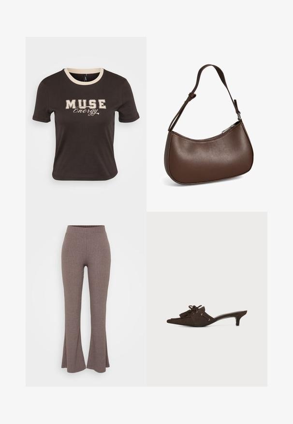T-shirt en coton marron avec des manches courtes, un col rond couleur crème, et "MUSE Energy" imprimé en texte beige sur la poitrine.; Pantalons évasés côtelés marron avec une taille haute extensible et une texture douce, présentant un motif vertical subtil sur l'ensemble.; Mule pointue en daim brun foncé avec un petit talon kitten, pampilles décoratives et détail en dentelle sur fond blanc.; Petit sac bandoulière en cuir marron avec sangle réglable et fermeture éclair, présenté sur fond blanc. Aucun logo ou décoration visible.