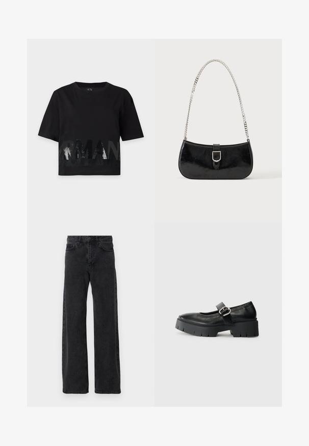 Zwart kort mouw cropped t-shirt met ronde halslijn en grote glanzende "ARMANI" tekst over de voorkant.; Zwarte denim jeans met een wijd pijpdesign, voorzien van de klassieke vijf-pocket stijl, knoopsluiting en subtiele vervaging.; Zwarte leren Mary Jane schoenen met een chunky plateauzool, ronde neus en zijgespsluiting. Glad uiterlijk met minimale stiksels.; Zwarte lakleren schoudertas met een zilveren gespdetail en een zilveren kettingriem, getoond tegen een effen lichte achtergrond.