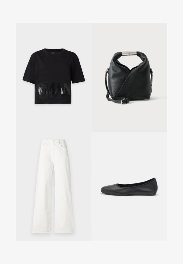 Μαύρο κοντομάνικο crop top με στρογγυλή λαιμόκοψη και μεγάλο γυαλιστερό κείμενο "ARMANI" μπροστά.; Λευκό παντελόνι από τζιν με φαρδιά γραμμή, υψηλή μέση, σχέδιο πέντε τσεπών και κλείσιμο με κουμπί μπροστά. Λείο υφάνσιμο.; Μαύρο δερμάτινο μπαλαρίνι με στρογγυλή μύτη, λεία υφή, ελάχιστες λεπτομέρειες ραφής και σχεδίαση ευέλικτης σόλας.; Μαύρη υφασμάτινη δερμάτινη τσάντα με ρολάτο πάνω χερούλι με μεταλλική μπάρα και ρυθμιζόμενο ιμάντα ώμου με πόρπη.