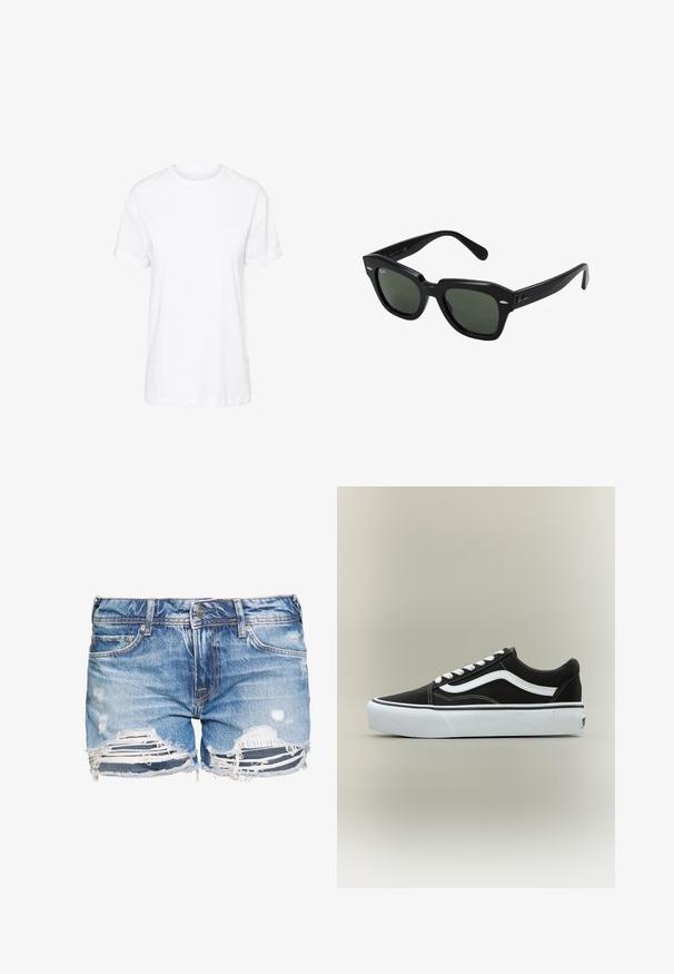 Witte katoenen T-shirt met korte mouwen, een ronde hals en een relaxte pasvorm, met een gladde textuur en zonder zichtbare patronen.; Lichtblauwe denim shorts met verontrustende scheuren, rafelige zoom en vijf-pocket ontwerp. Voorzien van zilveren knoop en riemlussen.; Lage zwarte sneaker met witte zijstreep, witte veters, witte rubberen zool en gestructureerde neus op een neutrale achtergrond.; Zwarte vierkante zonnebril met donker groene lenzen, uitgerust met gedurfde monturen en zilveren accenten aan de zijkanten. Gemaakt in Italië.