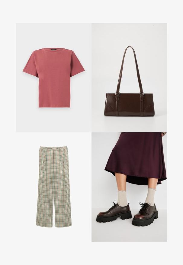 Camiseta de manga corta color rosa polvo con cuello redondo, dobladillo recto, costuras mínimas y una pequeña etiqueta negra de la marca en el interior del cuello.; Pantalones de pierna ancha en un patrón de cuadros beige con acentos en verde y azul marino, con pliegues frontales y un acabado texturizado.; Zapatos de plataforma de cuero marrón con suelas negras gruesas, combinados con calcetines beige acanalados con bordes en forma de ondas, sobre un fondo apagado.; Bolso de mano de piel sintética marrón con forma rectangular, dos asas largas y sutiles acentos curvados en la parte delantera.