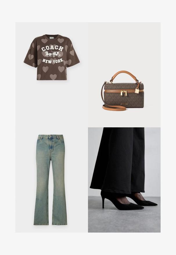 Brun cropped T-shirt med lyse hjerte mønstre, hvid "COACH" tekst, hestetrukket vogn grafik og "NEW YORK" tekst foran.; Lysblå denim flare jeans med høj talje, fem lommer og lynlås. Ren, falmet finish med subtile syninger.; Sorte ruskind højhælede sko med spidse tæer, båret med sorte brede bukser, har et slankt design og en subtil glans.; Brun monogrammeret håndtaske med guldfarvet hardware, dobbelt lynlås, et greb på toppen og en aftagelig skulderrem. Struktureret syntetisk materiale.