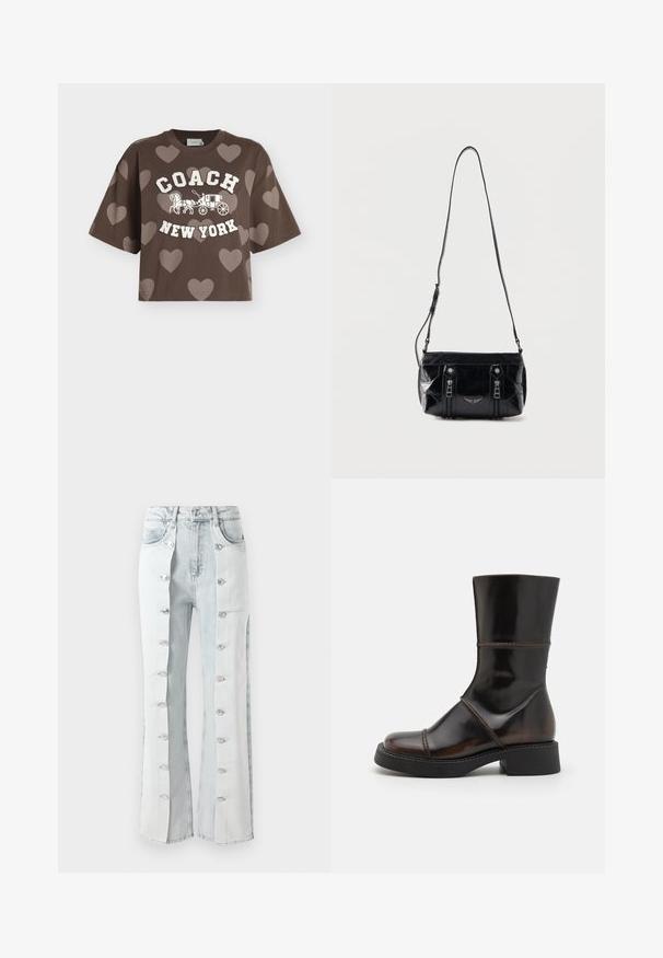 T-shirt court marron avec motifs légers en forme de cœur, texte blanc « COACH », illustration d'une calèche tirée par des chevaux et texte « NEW YORK » sur le devant.; Jeans en denim bleu clair avec des accents de boutons argentés, présentant un design à jambes larges et des panneaux latéraux. Le tissu a une finition texturée.; MIISTA DAHLIA - Bottes à plateau - brown; Sac à bandoulière en cuir noir avec sangle réglable, deux fermetures éclair verticales sur le devant et un petit emblème métallique en forme d'aile sous les fermetures éclair.