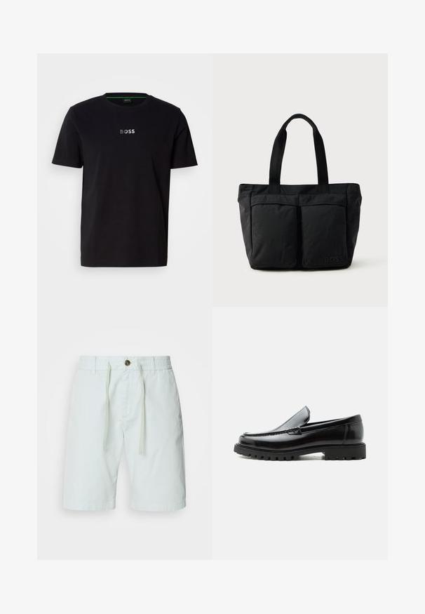 Camiseta de algodón negra con mangas cortas, que presenta un pequeño logo "BOSS" bordado en blanco en el pecho. Cuello redondo simple.; Pantalones cortos de algodón verde claro con cinturilla elástica y cordón. Cuenta con un cierre de botón, bolsillos laterales y un corte recto.; Mocasín de cuero negro con suela de goma gruesa, empeine cosido y nombre de la marca en relieve en el talón, mostrado en perfil lateral sobre fondo blanco.; Bolso tote negro con una construcción de tela suave, dos bolsillos frontales y asas resistentes. Logo mostrado en el lateral. Diseño simple y funcional.