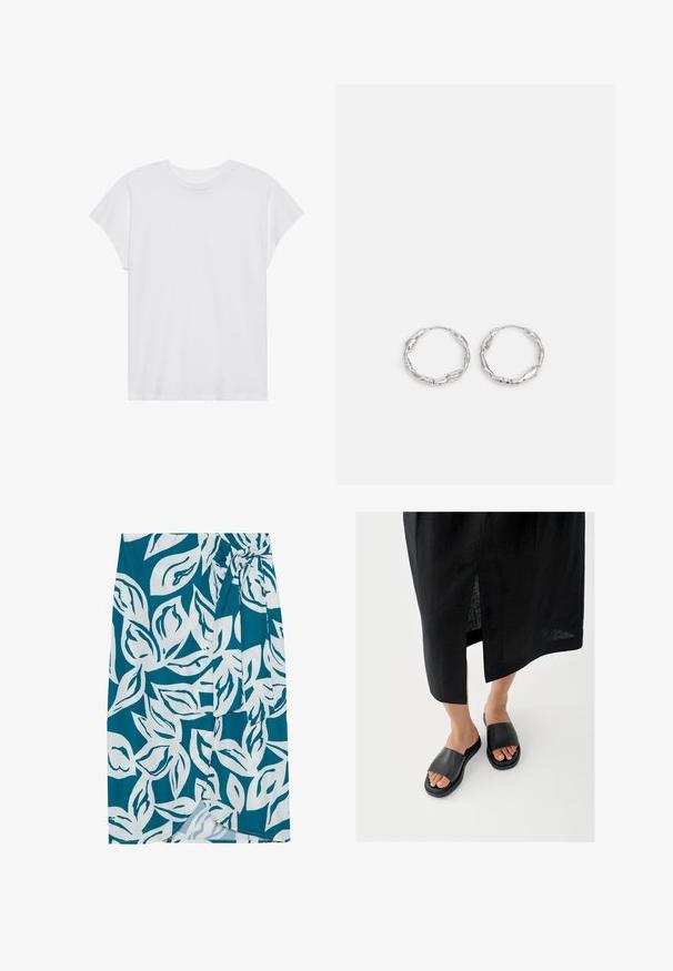 Hvid kortærmet t-shirt med rund hals, afslappet pasform, lavet af blødt bomuldsstof. Glat tekstur, ingen mønstre eller logoer.; Teal nederdel med hvidt bladmønster, med en omslagsdesign og bånddetalje i taljen. Glat tekstur med en let glans.; Sorte slidssandaler med bred rem, flad sål og minimalistisk design. Materialet virker glat med en mat finish.; Sølv hoops med en bølget, uregelmæssig tekstur. Har en tynd, cirkulær form og en reflekterende finish.