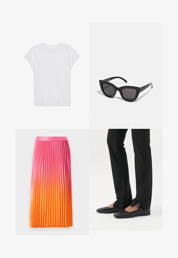 Witte t-shirt met korte mouwen, ronde hals, relaxte pasvorm, gemaakt van zacht katoen. Glad textuur, geen patronen of logo's.; Plissérok met een verloop van roze naar oranje, voorzien van een soepele tailleband en een vloeiend ontwerp, gemaakt van lichte stof.; Benen met zwarte smalle broek met voorsplitten aan de zoom, gecombineerd met zwarte platte Mary Jane-schoenen met een klein gespje.; Zwarte cat-eye zonnebril met een matte afwerking, voorzien van grijs getinte glazen, scherpe hoeken en slanke zijarmen. Merkennaam zichtbaar op de binnenarm.