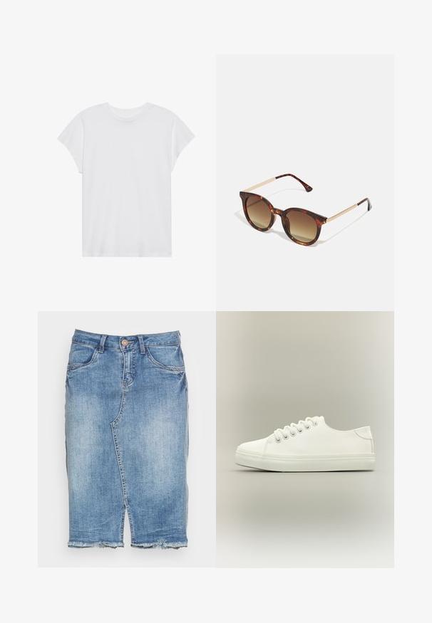 Camiseta blanca de manga corta con cuello redondo, corte relajado, hecha de suave tela de algodón. Textura lisa, sin estampados ni logotipos.; Falda vaquera azul claro con abertura frontal, dobladillo deshilachado, trabillas para cinturón, cierre de botones y bolsillos delanteros.; Zapatilla blanca baja con cordones blancos y suela de goma mostrada desde vista lateral sobre un fondo neutro.; Gafas de sol de carey con lentes marrón degradado, forma redondeada y acentos de metal dorado en las patillas.