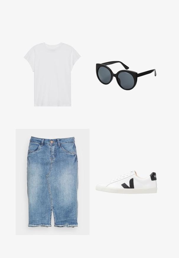Hvid kortærmet t-shirt med rund hals, afslappet pasform, lavet af blødt bomuldsstof. Glat tekstur, ingen mønstre eller logoer.; Lyseblå denimnederdel med frontslids, frynset kant, bæltestropper, knaplukning og forlommer.; Hvide sneakers med et sort V-logo, der har en glat læderoverdel, rund tå, snørrelukning og en kontrasterende sort hælflap.; Storede sorte oversized solbriller med katteøjeform, mørkt tonede linser og glansfuldt plastisk stel. Har tykke stænger for støtte.