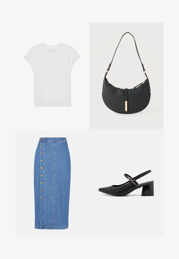 T-shirt blanc à manches courtes, col rond, coupe décontractée, en tissu de coton doux. Texture lisse, sans motifs ni logos.; Jupe midi en denim bleu clair avec une fermeture à boutons sur le devant, sept boutons métalliques et une silhouette droite avec un ourlet en dessous du genou.; Escarpins slingback en cuir verni noir avec un embout pointu, un design à découpes arrondies et un talon carré. Présente un accent de boucle en ton doré.; Sac à main noir en forme de croissant avec une bandoulière unique, une fermeture éclair dorée et une languette décorative rectangulaire dorée à l'avant.