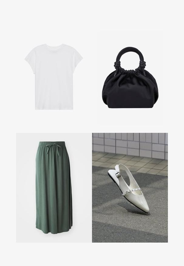 Hvid kortærmet t-shirt med rund hals, afslappet pasform, lavet af blødt bomuldsstof. Glat tekstur, ingen mønstre eller logoer.; Grøn, mellemlang nederdel lavet af blødt stof med elastisk talje og justerbar snøre; glat tekstur og enkelt design.; Hvid spids slingback flad sko med to sølvspænder, vist udendørs på tekstureret underlag og flisebelagt væg baggrund.; Sort blød stofhåndtaske med samlet top og cirkulære polstrede håndtag bundet med knuder på hver side.