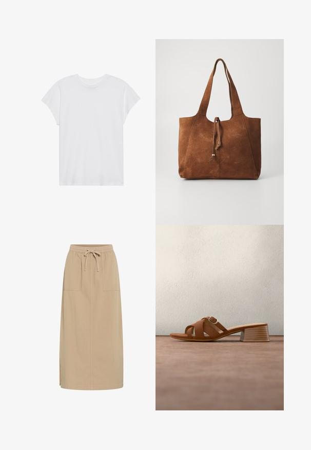 T-shirt blanc à manches courtes, col rond, coupe décontractée, en tissu de coton doux. Texture lisse, sans motifs ni logos.; Jupe en coton beige avec une taille à cordon, deux poches latérales, coupe droite et fentes sur les côtés pour plus de liberté de mouvement. Texture lisse.; Mule en cuir marron à bout ouvert, avec un talon bloc et des brides croisées, posé sur un sol gris avec un arrière-plan sombre flou.; Sac fourre-tout en daim marron avec deux longues poignées, fermeture à cordon et texture lisse. Présente un design simple et des accents minimaux.