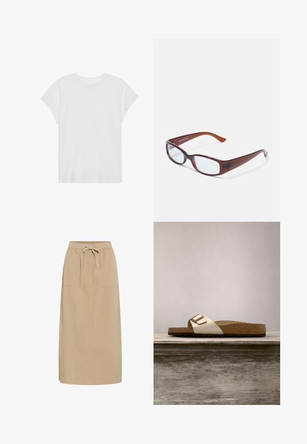 Hvid kortærmet t-shirt med rund hals, afslappet pasform, lavet af blødt bomuldsstof. Glat tekstur, ingen mønstre eller logoer.; Beige bomuldsnederdel med snoreliv, to sidelommer, lige pasform og sideslidser for nem bevægelse. Glat tekstur.; Sandal med slide-design, der har en let metallisk overdel, korkfodbed og tekstureret brun gummisål. Spænde detalje med logoaccent.; Brune-farvede rektangulære briller med en glat overflade, der har slanke arme og gennemsigtige linser. Logoet er synligt på venstre temple.