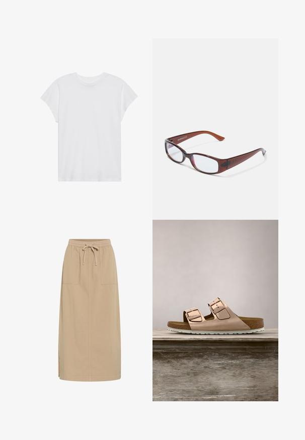 T-shirt blanc à manches courtes, col rond, coupe décontractée, en tissu de coton doux. Texture lisse, sans motifs ni logos.; Jupe en coton beige avec une taille à cordon, deux poches latérales, coupe droite et fentes sur les côtés pour plus de liberté de mouvement. Texture lisse.; Sandales à glissière en or rose avec deux boucles en métal ajustables, semelle en liège et semelle en caoutchouc blanche. Fini métallique lisse, design ouvert. ; Lunettes rectangulaires teintées de brun avec une finition brillante, dotées de branches fines et de verres transparents. Logo visible sur la branche gauche.